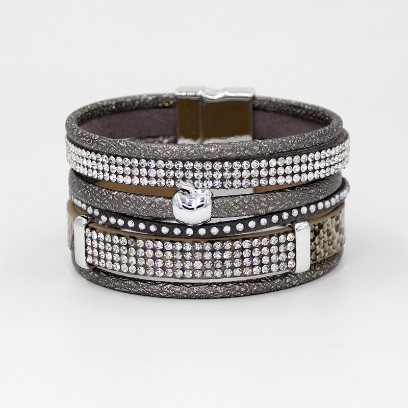 frauen Multi-Schicht-Armbinde Armbinde spleißen Leder Seil Strass Weiblichen wickeln Magnetische Verschluss Armbänder