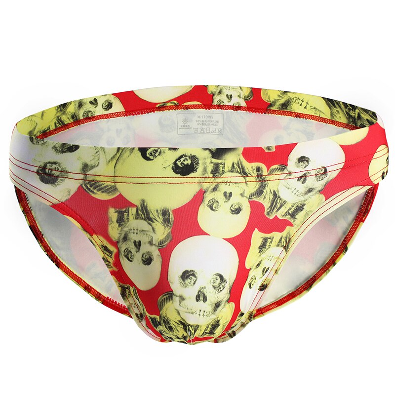 Sexy Swimwear Mens Swimming Briefs Male Quick Dry Bikini Board Shorts Man Skull Printed Swimsuits Nylon Men Swim Brief: Red / M