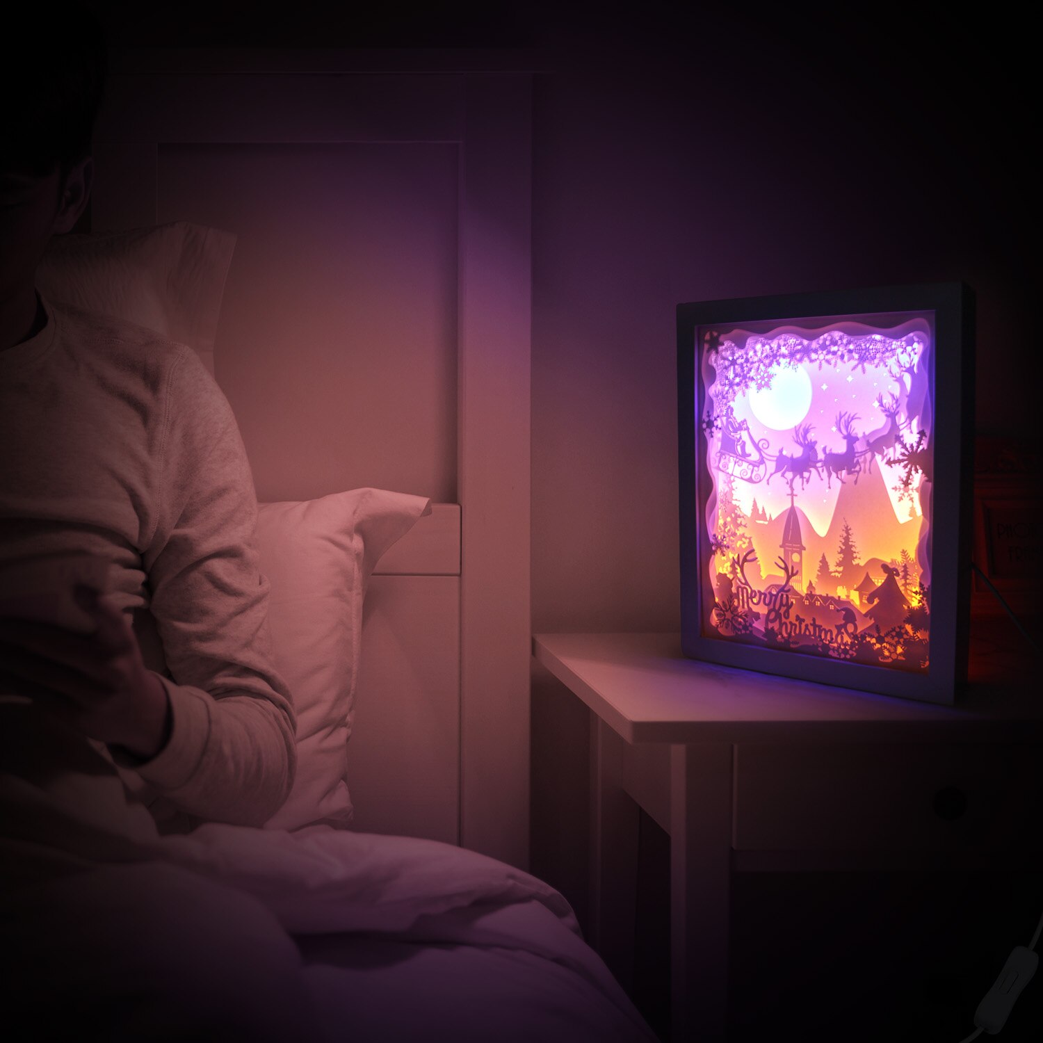 Merry Christmas 3D Shadow Box Paper Carving Papercut LED Night Lamp Light for Bedroom Coffee Shop Tea House Decoration