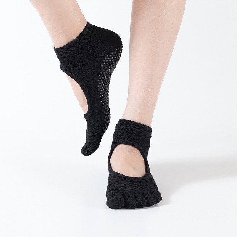 Calzini Yoga Donna - 3 Paia - Collo e Dita Aperte - PVC Antiscivolo Massaggio Dita: Nero