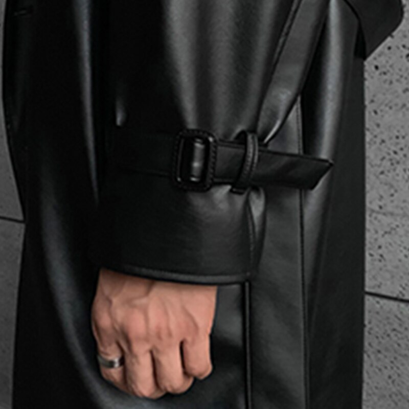 Mauroicardi Spring Long Black Oversized Leather Trench Coat Men 2022 Shoulder Long Sleeve Belt Faux Leather Coats for Men