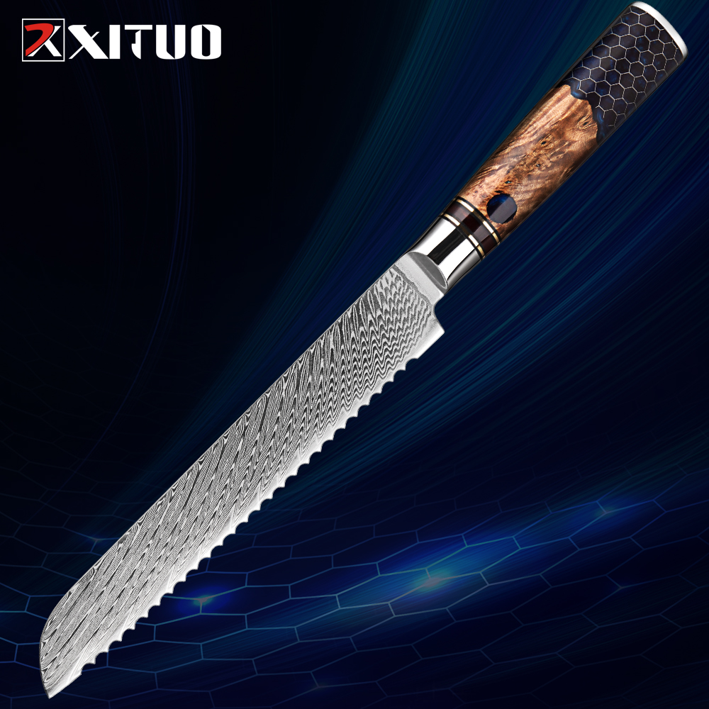 Brotmesser aus Damaststahl, 20,3 cm, professionelles Küchen-Toast-Schneidemesser, Wabenmuster, blauer Harzgriff, gezahntes Messer, Kuchenmesser: Default Title