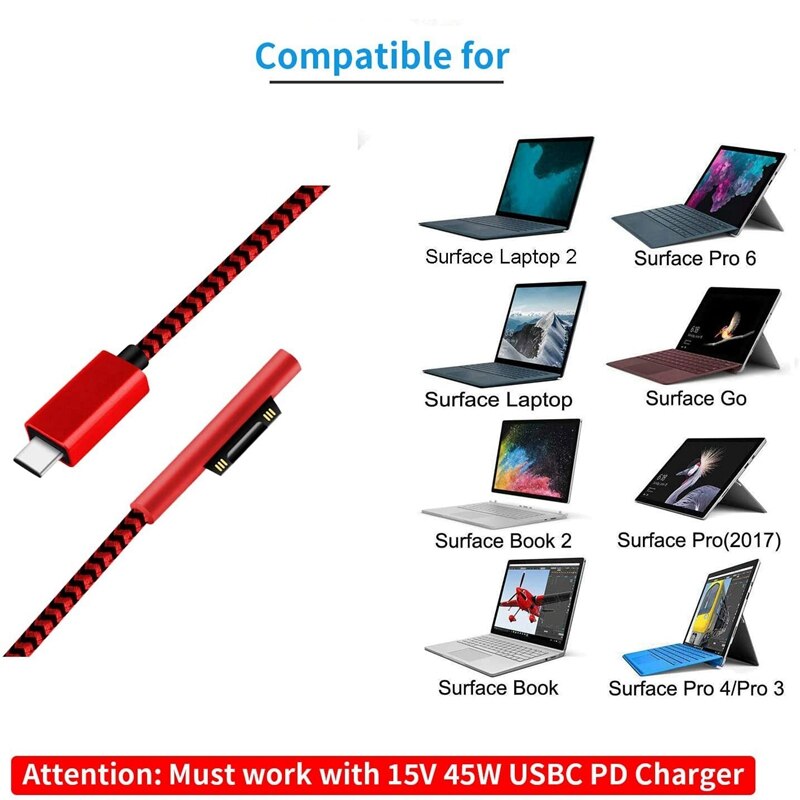 USB-C Ladekabel - 1.8m 45W PD - für Surface Pro 7 Go 2 6 2 3 Book