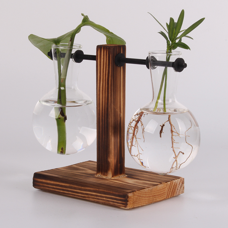 Terrarium hydroponiske planter vaser vintage blomsterpotte gennemsigtig vase træramme glas bordplante planter hjem bonsai indretning