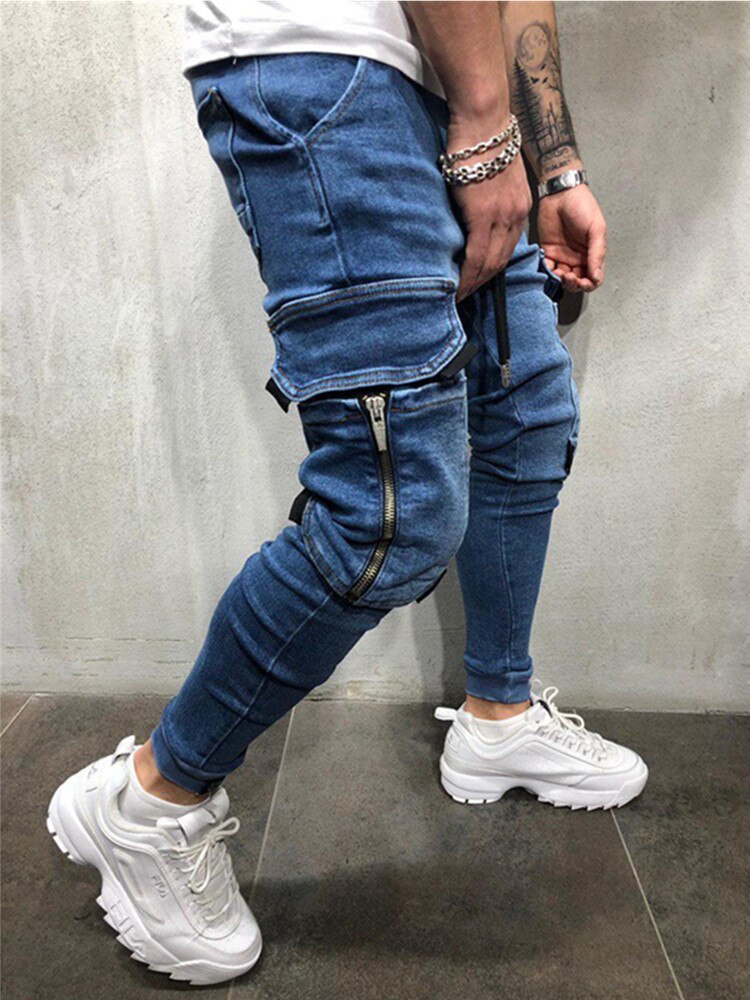Hommes extensible multi-poche maigre jean hommes poche fermeture éclair crayon pantalon jean pantalon décontracté Hip hop pantalons de survêtement