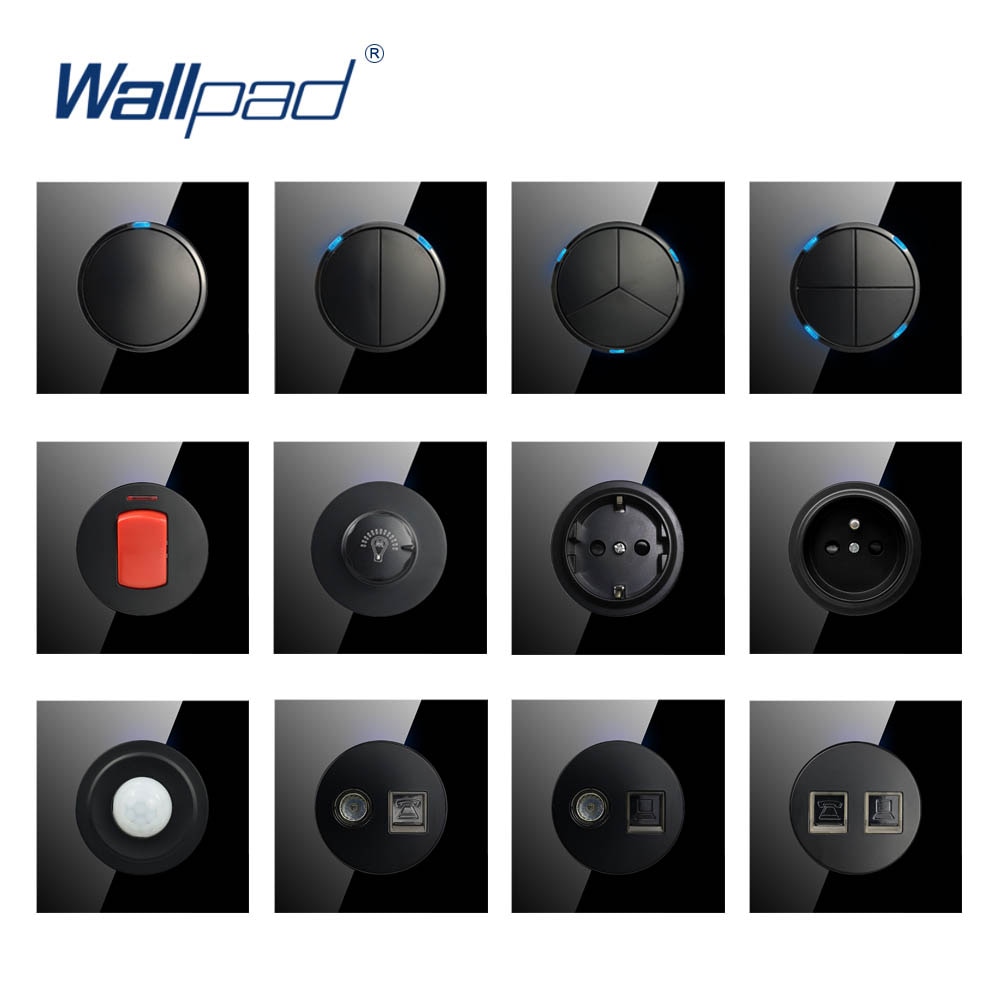 Wallpad Random Click Push Button Wall Light Switch With LED Indicator Socket Black Tempered Glass Panel For Home