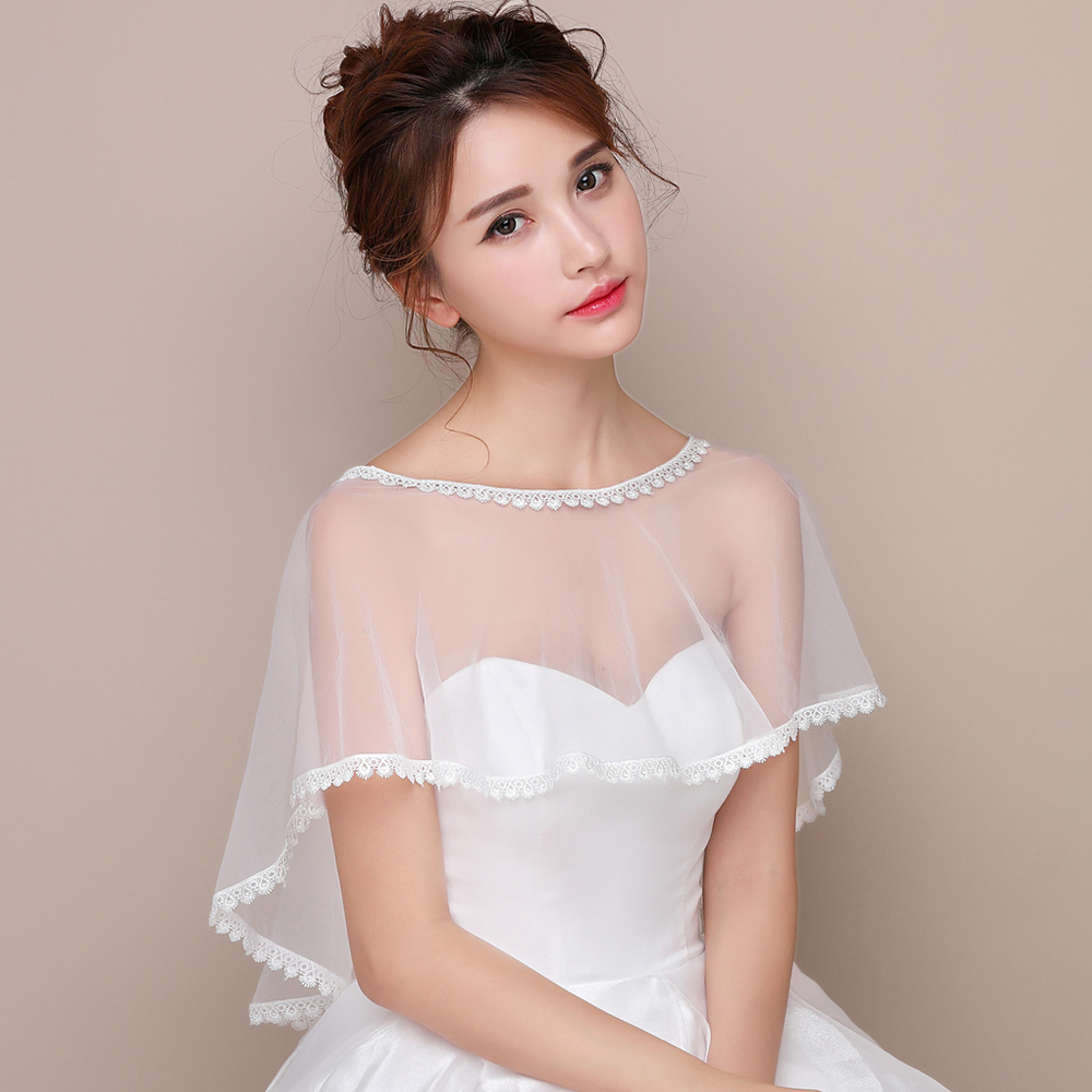 Cape de mariage en Tulle ivoire pour femme, châle, col rond, avec des appliques en dentelle, enveloppe formelle, pour bal de promo, soirée