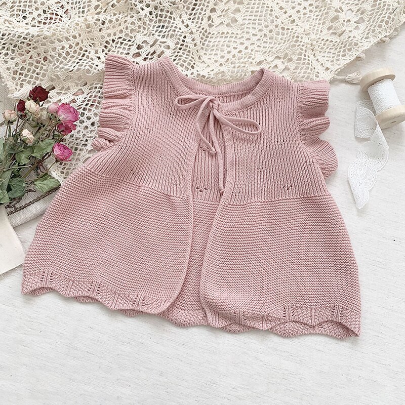 0-4Yrs Lente Peuter Baby Meisje Gebreide Vest Voor Pasgeborenen Ruche O-hals Trui Jas Herfst Kinderkleding Meisjes Katoenen Vest: S22160 pink / 110 4T