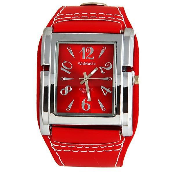Womage Brand Wide Leather Women Clock Ladies Quartz Casual Relogio Feminino Square Big Dial Sports Wrist Watch: Red