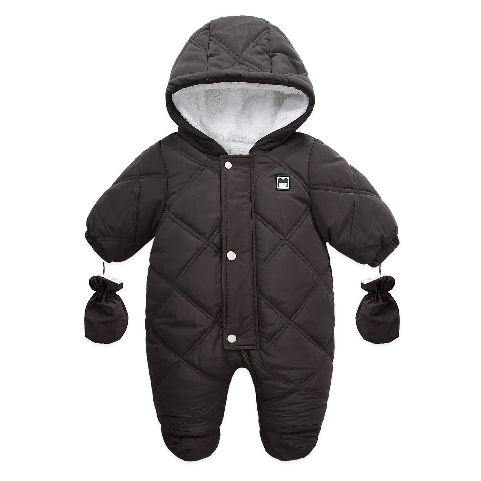 Bebê meninas meninos inverno quente térmica macacões dos desenhos animados urso applique padrão com capuz manga longa macacão e luvas conjuntos de roupas: black / 9 m