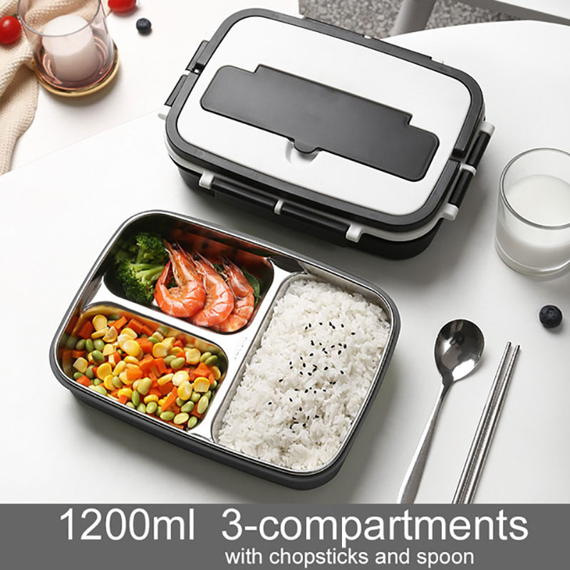 Oneup draagbare lunchbox 304 roestvrijstalen bentoboxen met servies, student verzegelde lekvrije grote capaciteit voedselcontainer: Zwart een