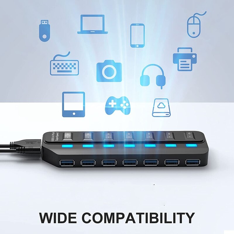 USB 3.0 Hub,7 Port USB Hub Splitter With LED Individual Power Switches 5Gbps High Speed Data USB Extension For Laptop