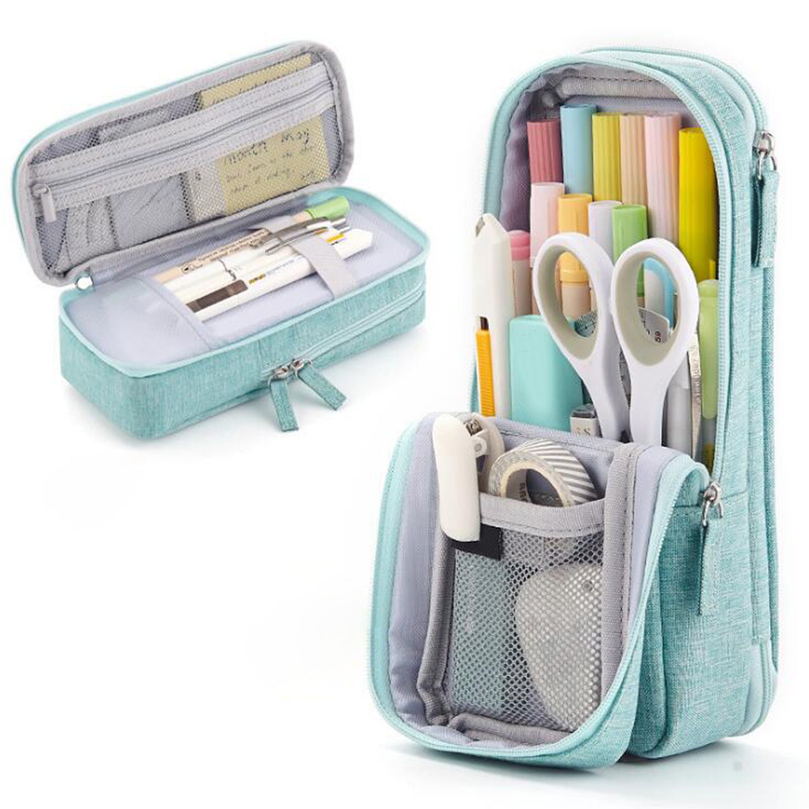 Bolsa de tela para bolígrafos, estuche de papelería con soporte de doble capa, gran capacidad, suministro de ,
