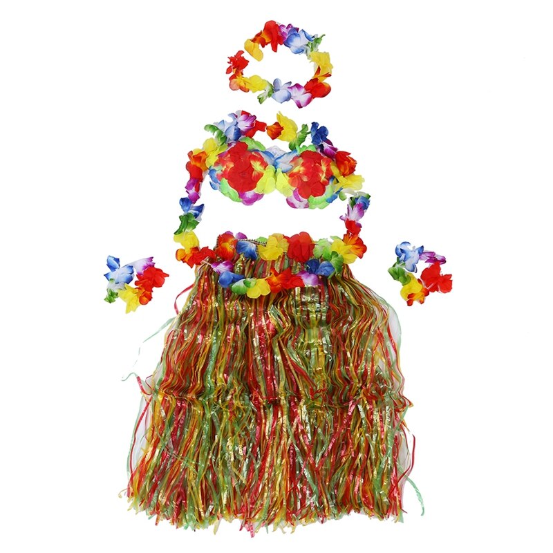 12x Hawaiian Grass Skirt Flower Hula Lei Wristband Garland Fancy Dress Costume