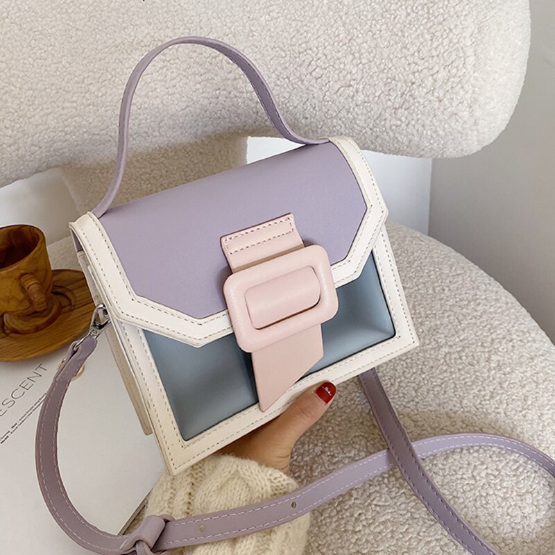 Contrast Color PU Leather Crossbody Bag For Women Cute Lady Small Shoulder Messenger Bag Transparent Tote Purse Travel bags: Lavender