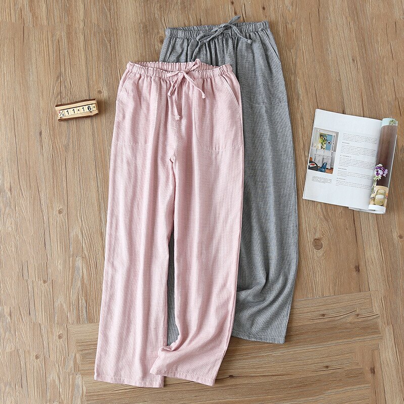 Women's Trousers Cotton Gauze Spring / Summer Thin Plaid Home Pants Loose Men Pajamas Elastic Waist Sleep Bottoms Lounge Pants