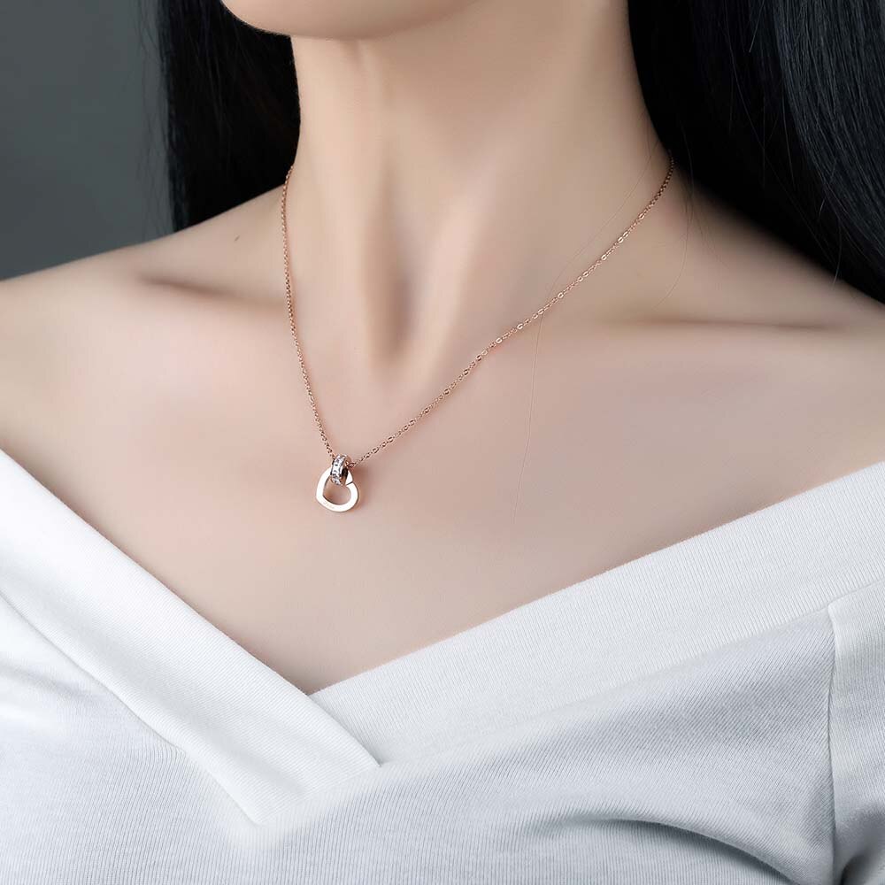 Lokaer Neue Zirkonia Kreis & Liebe Herz Charme Anhänger Halsketten Rose Gold Edelstahl Kette Neckalce Für Frauen Mädchen