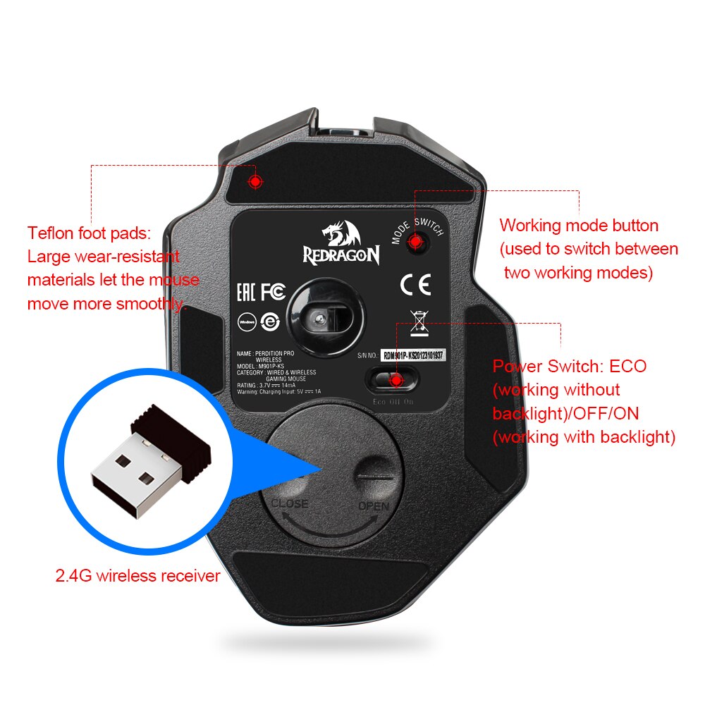 REDRAGON-ratón inalámbrico para juegos, periférico ergonómico programable con 19 botones, Perdiction M901-KS Elite, RGB, USB, 2,4G, 16000DPI