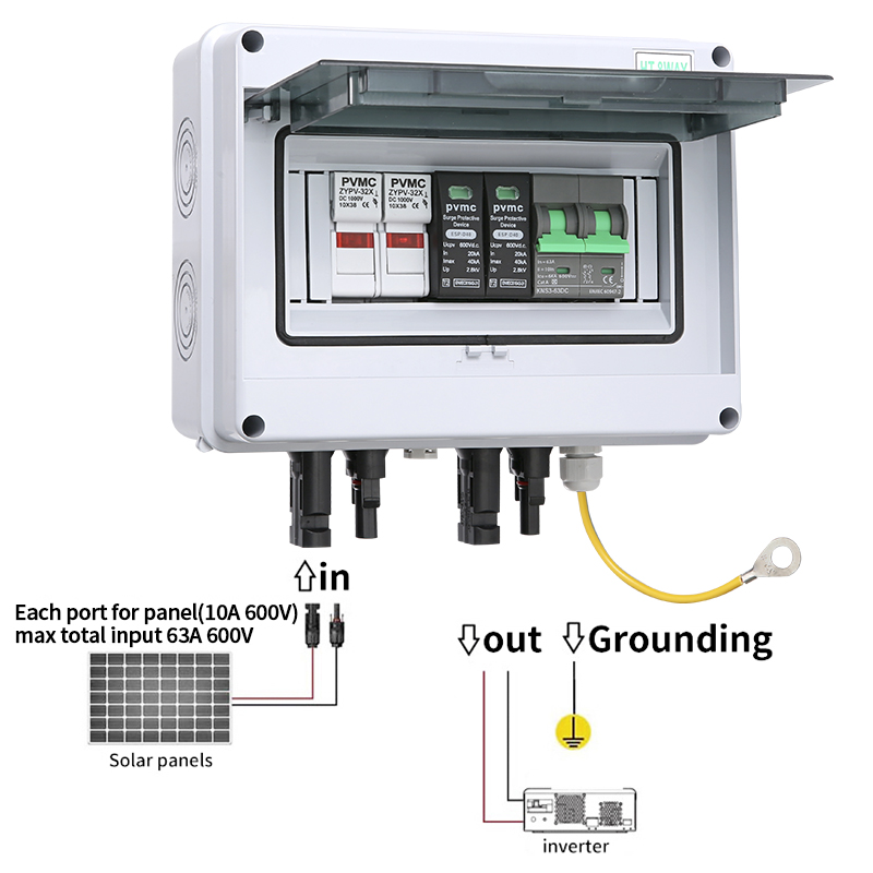 Caja combinadora Solar fotovoltaica PV con protección contra rayos 1 en 1 salida DC 600V fusible MCB SPD caja impermeable IP65 al por mayor
