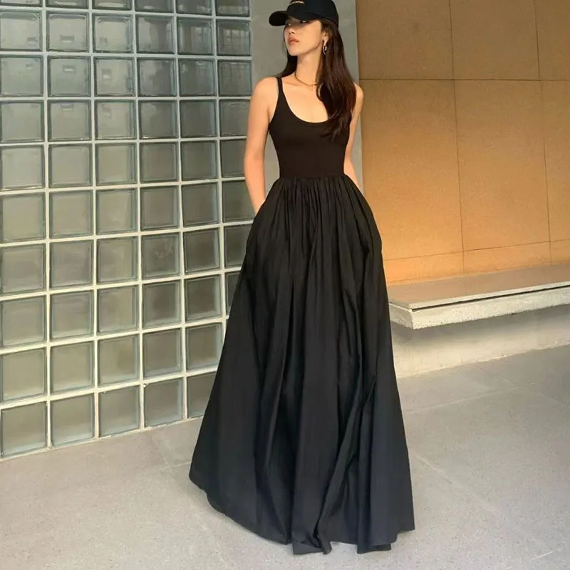 Lucyever Korean Black Maxi Dress Women Summer Sleeveless Spaghetti Strap Dresses Female Patchwork A-Line Dress