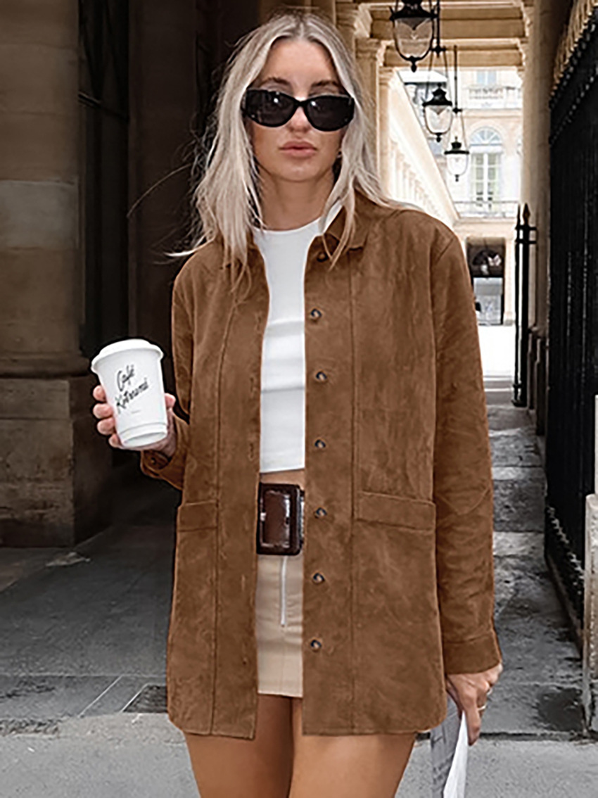Giacca Casual in pelle scamosciata con tasca con risvolto marrone donna 2024 cappotto a maniche lunghe con bottone singolo moda donna autunno Street Outwear: S
