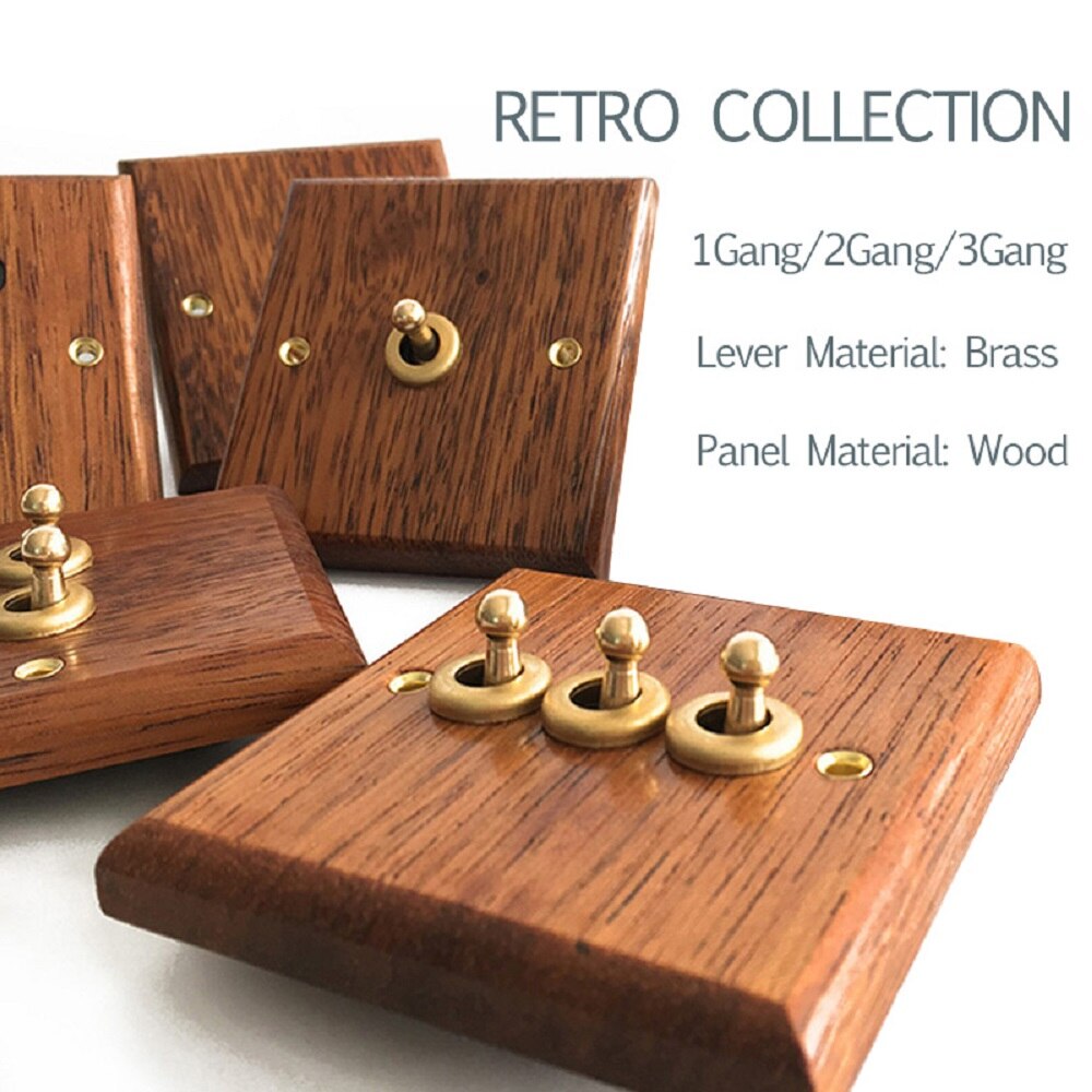 Wall Lights Switch Hand Made Retro Switch 10A 110V-250V Maple/Walnut Wood Panel Brass Lever 1 GANG/ 2 GANG Wall Switch
