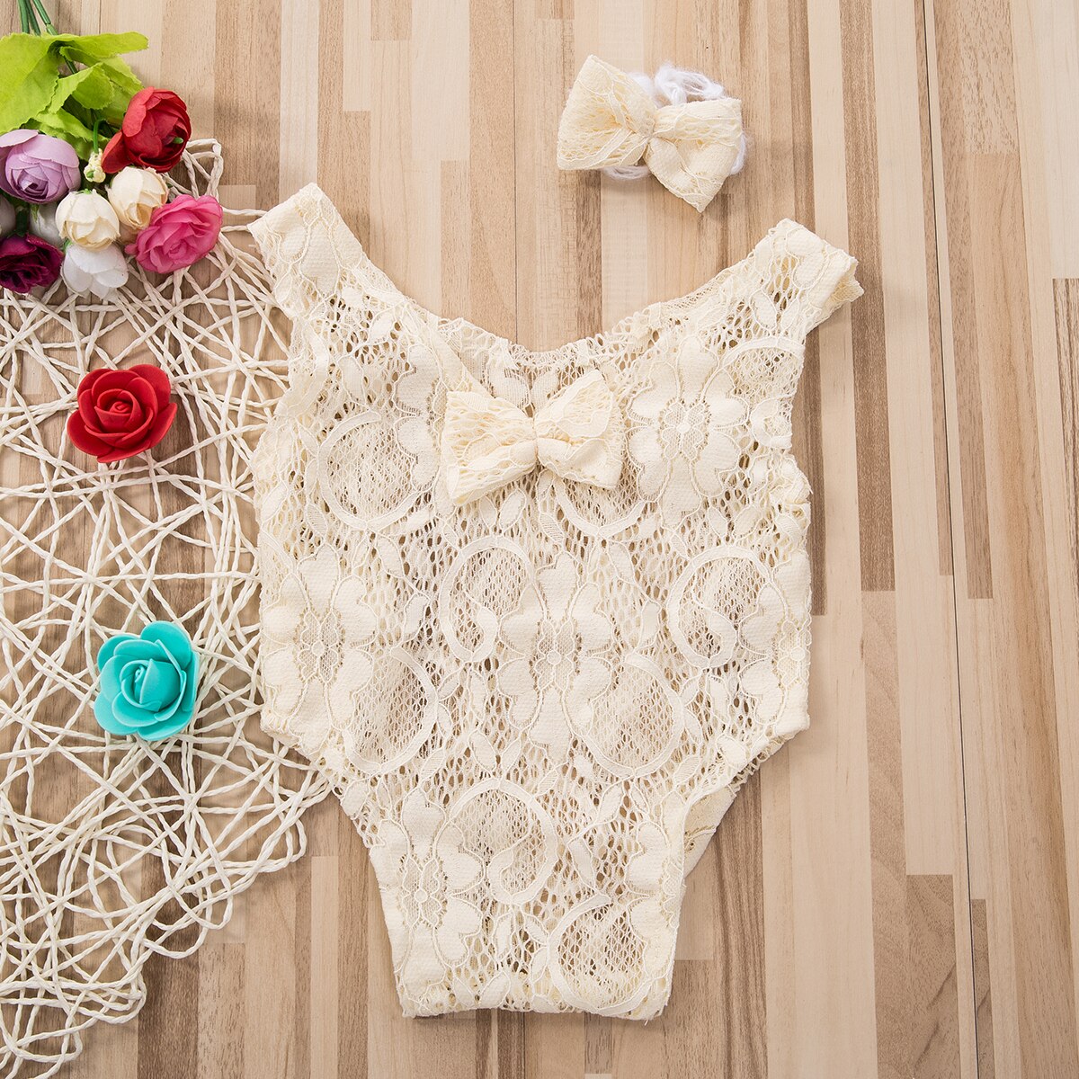 Appena nato Del Bambino Dei Ragazzi Delle Ragazze Del Crochet Del Knit Del Cappello Pagliaccetto Foto Fotografia Props Outfit: Beige