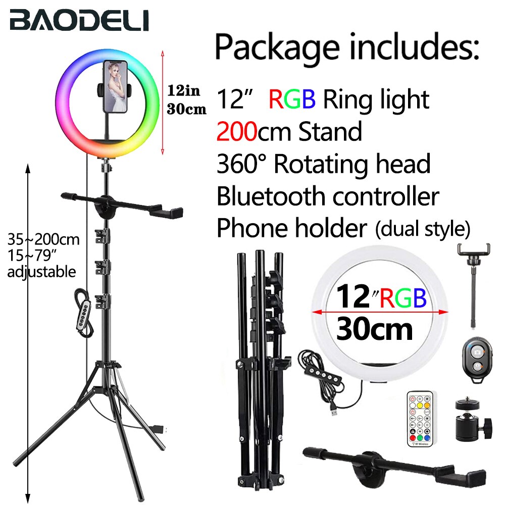 Anillo de luz Led para Selfie, lámpara de luz de relleno circular de 30cm, 12 pulgadas, con trípode y soporte para teléfono: 12in 200cm C
