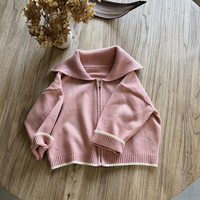 Enfants automne grand revers Cardigan chandails enfant en bas âge garçons et filles à manches longues infantile décontracté couleur unie fermeture éclair manteau hauts: pink / 90cm