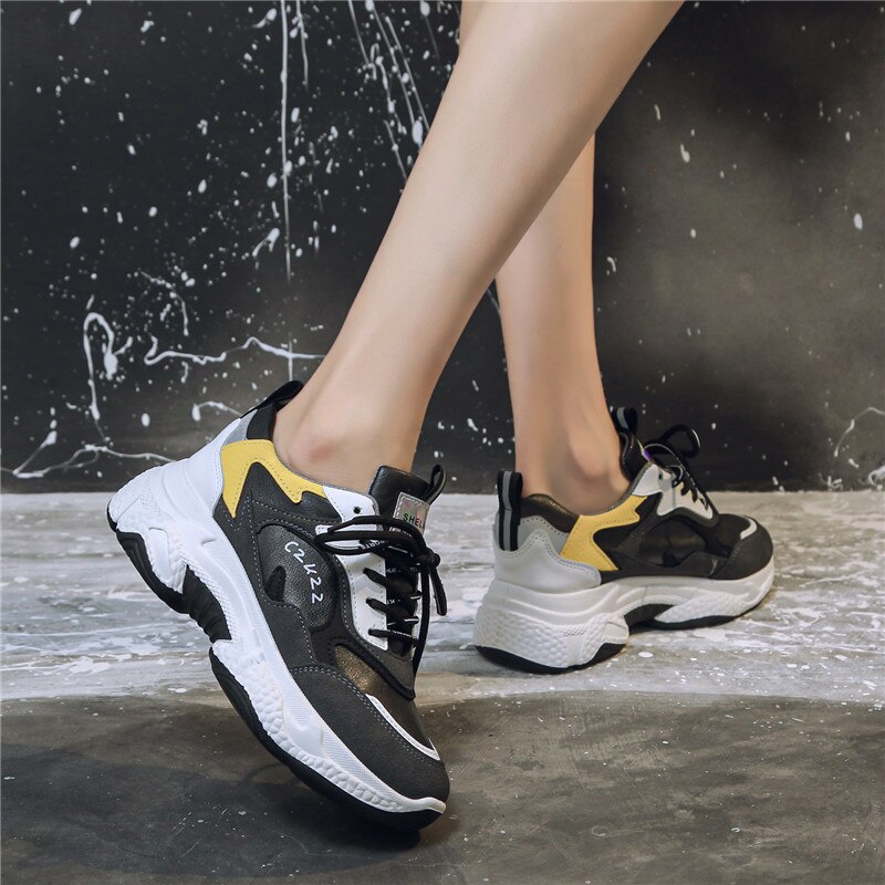 Chunky Sneakers PU Leathable Vrouwen Dikke Zool Vrouwelijke Schoenen Vrouw sport lace-up ronde neus comfortabele schoenen z14-71