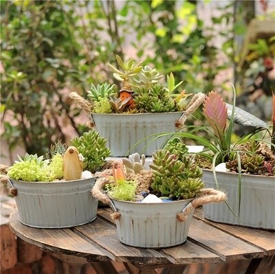 2 stk rustikk tinn blomsterpotte bryllup hage dekorasjon bøtte vintage metall kunstig blomsterplante saftig fatpotte rund oval