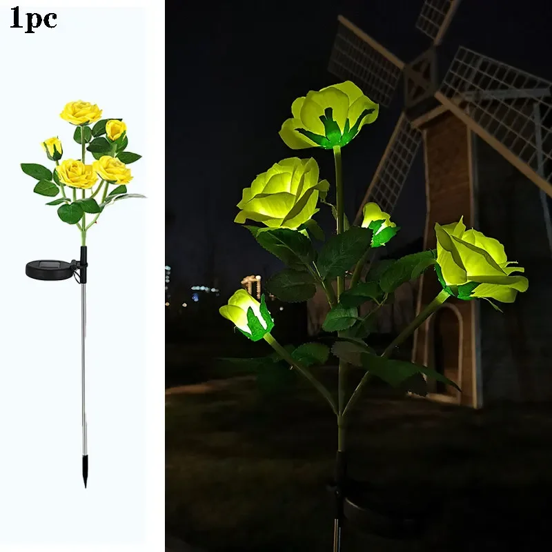 LED-verlichting op zonne-energie Rose gazonlamp rood blauw geel roze witte bloemlantaarn 5-kops buitenlicht voor bruiloft binnenplaatsdecoratie: Zonnig Geel