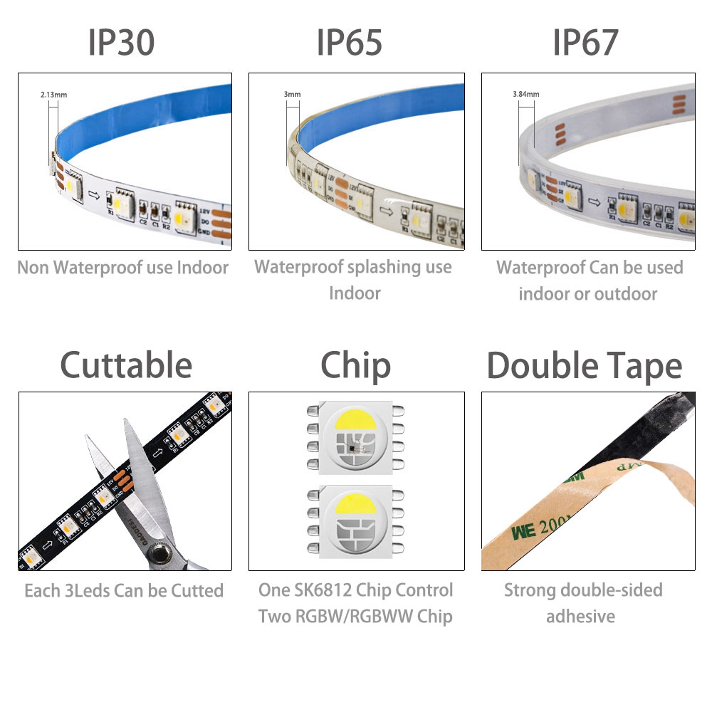 Sk6812(ws2812b)  rgbw rgbww 5050 smd 4 in 1 led-strip et ic-drev 3 leds smart lys 60 leds/m sort/hvid printkort  ip30 65 67 dc12v