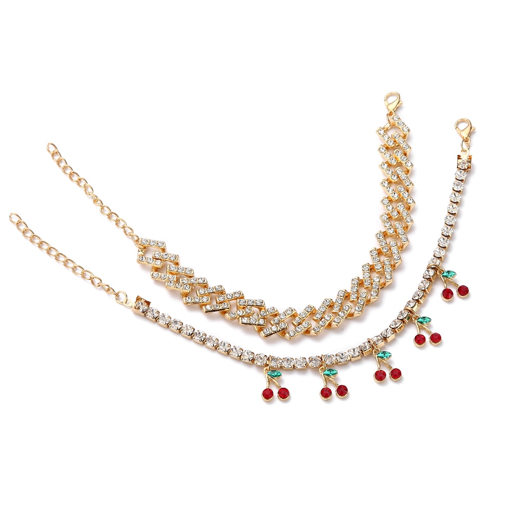 Cuban Link chain Bracelet set Iced Out Rhinestone Cherry Bracelets for Women Luxury wrist chains Crystal Jewelry