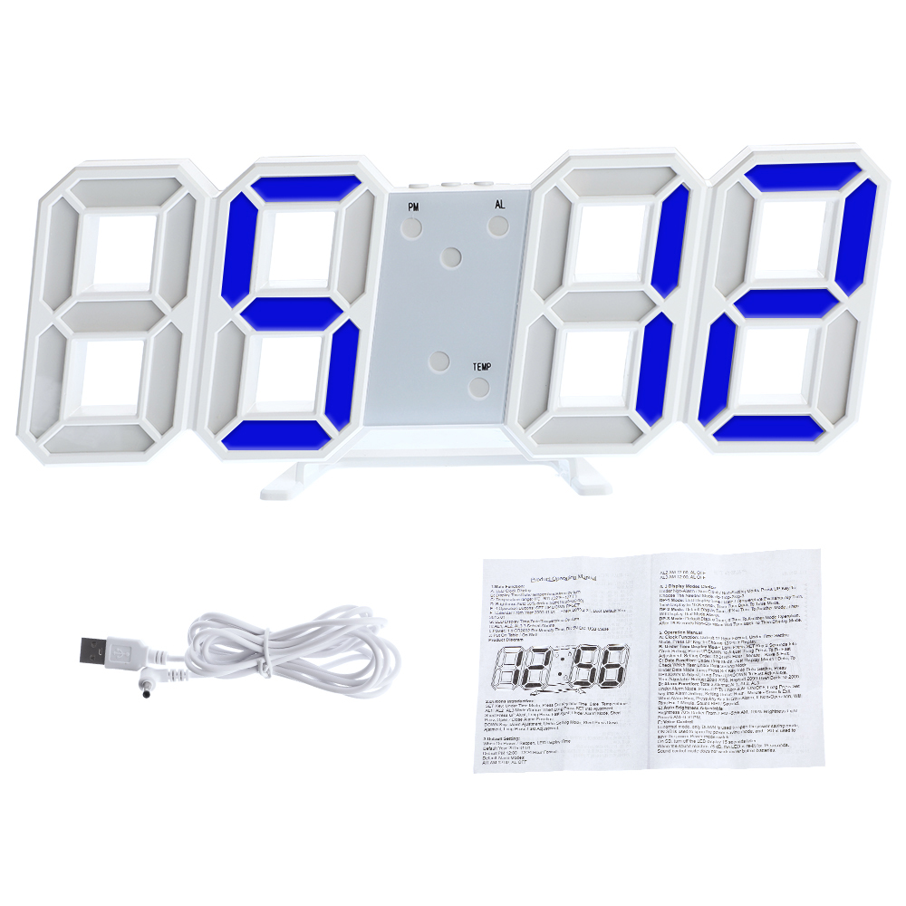 3D LED Digital Alarm Colck Large Date Time Nightlight Display Wall Alarm Clock for Living Room Table Desktop Clocks: white-blue