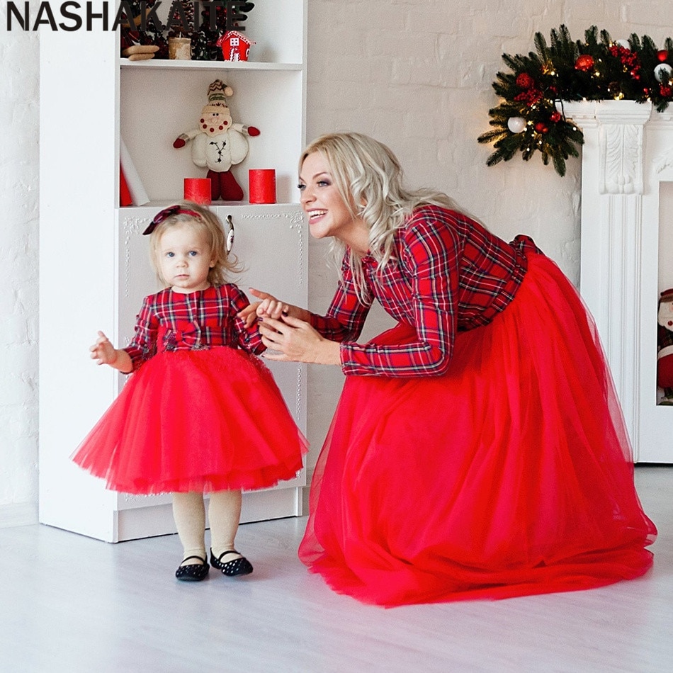 NASHAKAITE Mother Daughter Dresses Plaid Stitching Mesh Hem Long-sleeve Matching Dresses Autumn Winter Mommy and me clothes