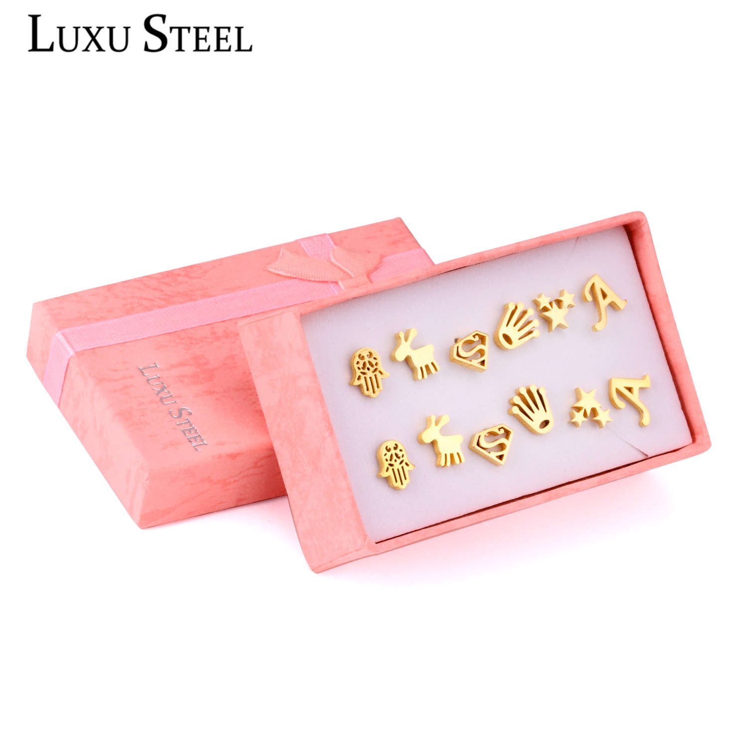 LUXUSTEEL Earring Sets 6 Pairs Gold Color Letter/Star/Hand/Animals Shape Stud Earring Sets For Women/Girl Female