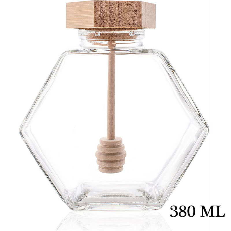 220ml/380ml glass honning krukke med bambus honning pinne skje mini liten honning flaske container pott honning oppbevaring: 380ml