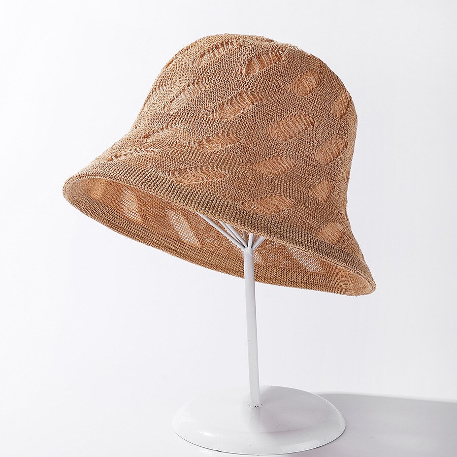 COKK Bucket Hat Summer Double Sided Knitted Hollow Leaf Breathable Fishing Hats For Women Gorros Bob Sun Hat Cap: camel