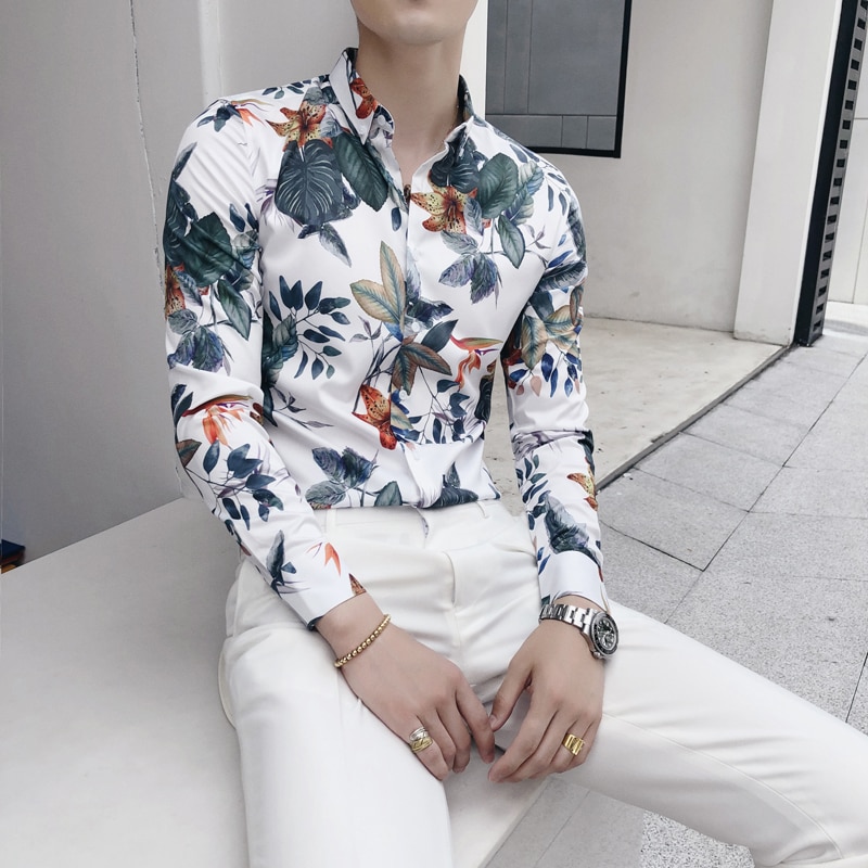 Märke streetwear hawaiisk skjorta herr långärmad slim fit herrskjortor camisa social masculina blommiga fritidsskjortor: Vit / Xxl