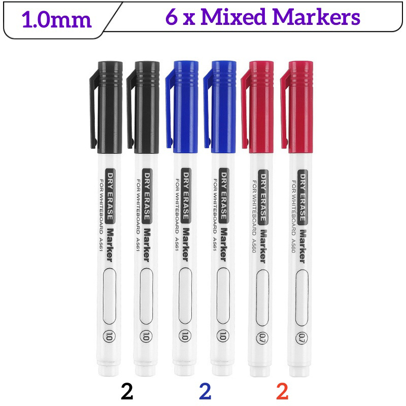 6 Stuks Fijne Tip Droog Wissen Markers Set 0.5/0.7/1.0mm Dunne Whiteboard Pennen Zwart Blauw Rood uitwisbare Markers voor Onderwijs Kantoor