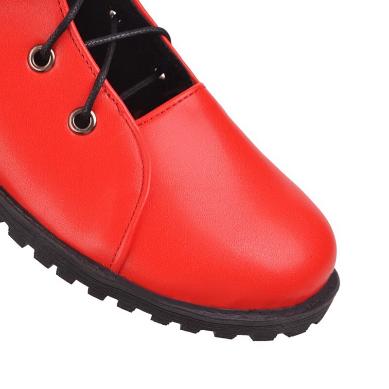 REAVE CAT Knee High Boots for Women Round Toe Square Heel Lace-up Patchwork Cross-Tied Platform Big Size 40-43 Black Red