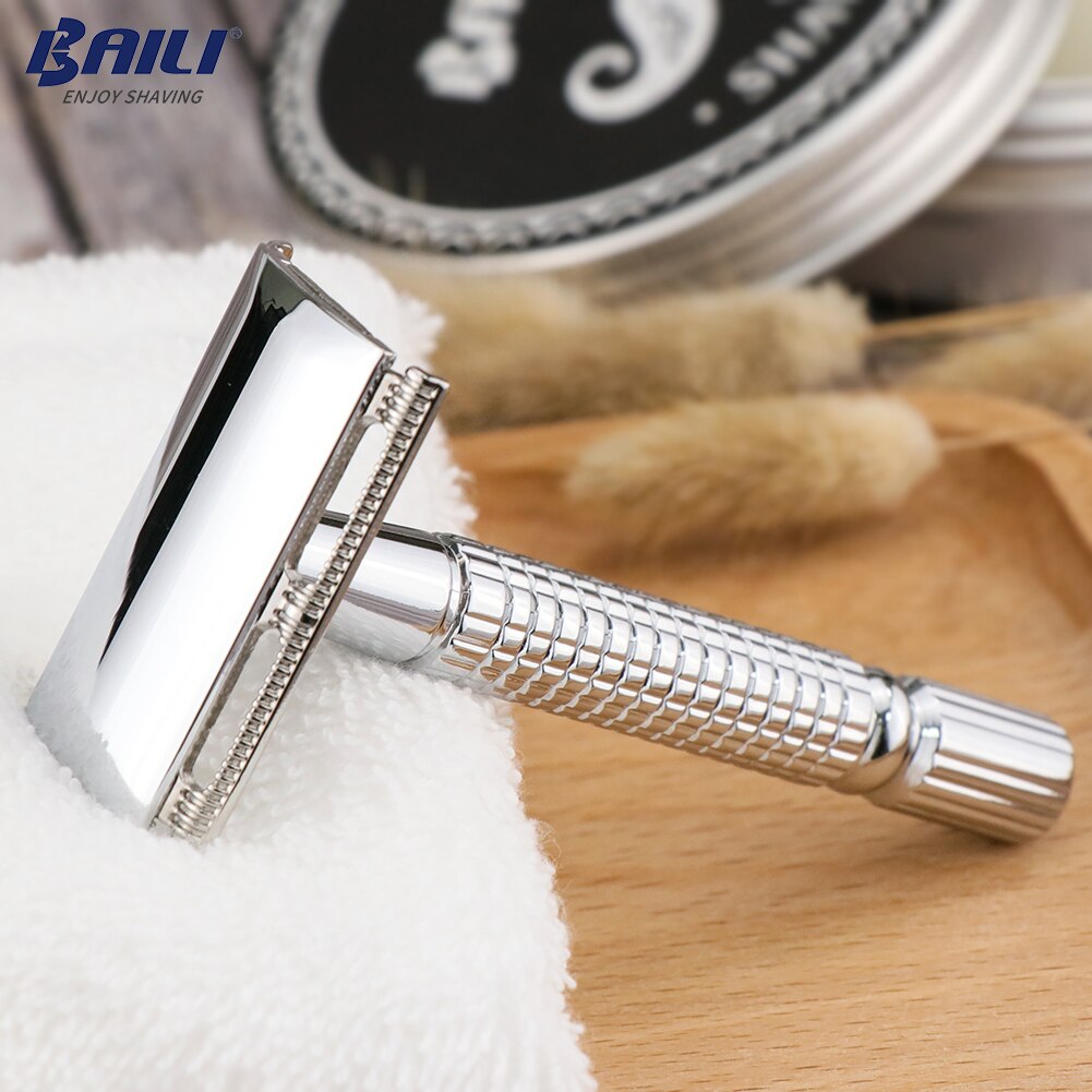 BAILI Manual Safety Razor Silver Classic 3 Piece Double Edge Wet Shaving Men Shaver Women Hair Removal with Free Platinum Blades