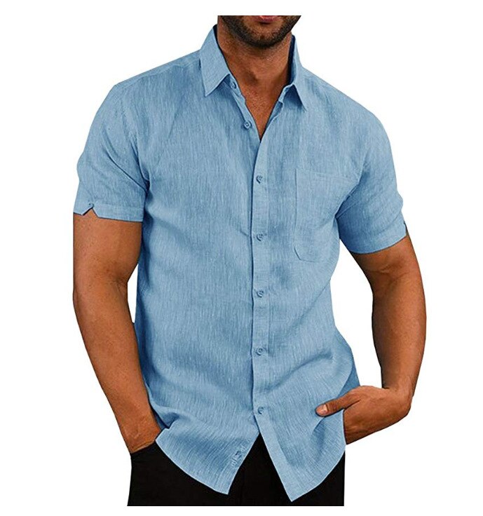 Luxe homme manches courtes col rabattu chemises décontractées amples lin hauts type chemisier poche poitrine noir blanc gris bleu: Bleu / XXXL