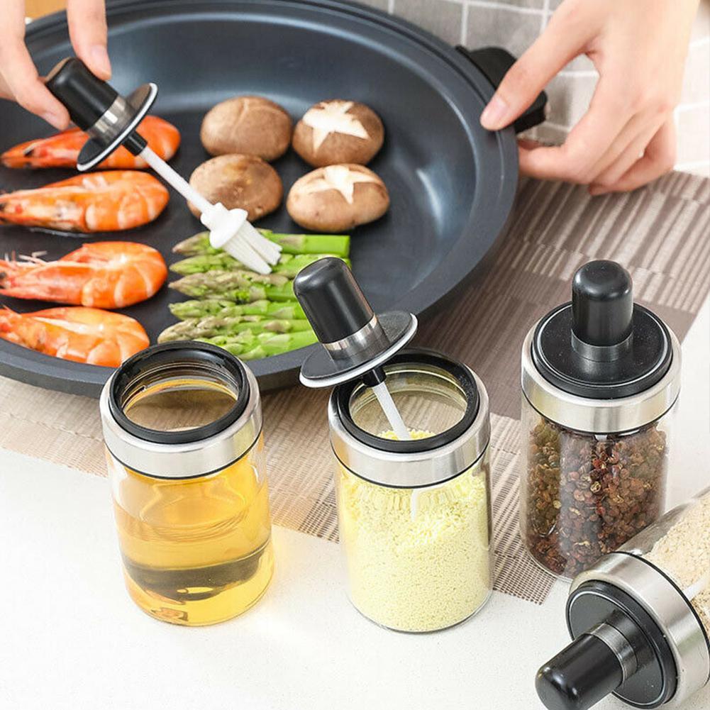 Bouteille d'assaisonnement en verre | Kit d'épices de cuisine, bouteilles poivre cuillère pots d'assaisonnement, brosse à huile, conteneur de stockage des aliments