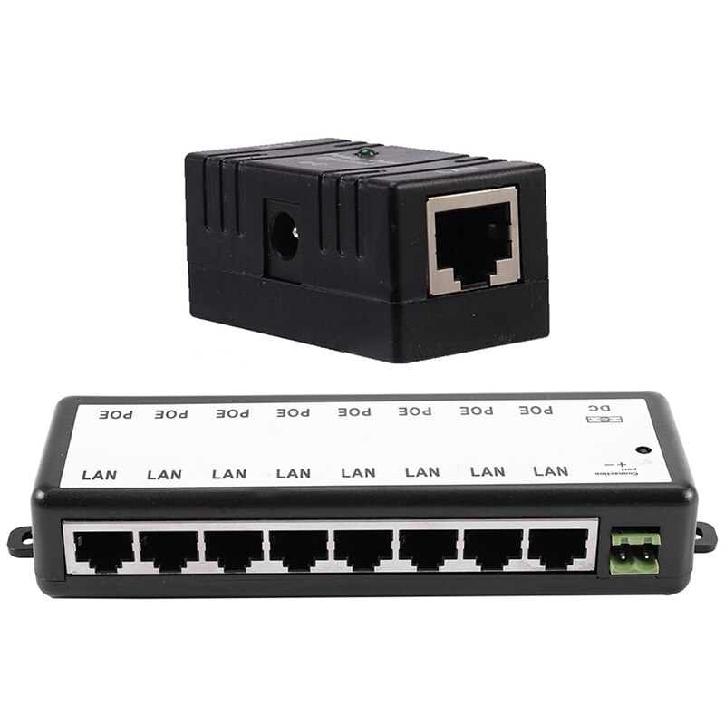 1 Uds inyector divisor Poe pasivo Dc adaptador de montaje en pared y 1 Uds 8 puertos Poe inyector Poe divisor