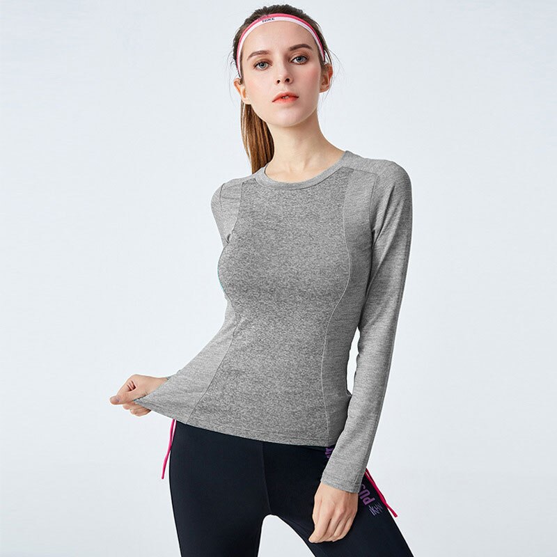 Kvinder tørre hurtig sportstøj løbende langærmede t-shirts fitnessyoga dragt svedabsorberende og ventila gymtøj: Grå / L