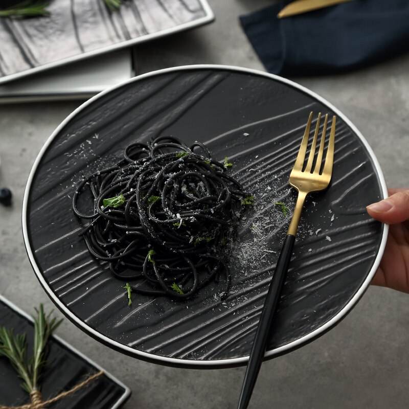 Nordisk stil bøf flade plader high-end vestlig restaurant tallerken sort og hvid rektangulær keramisk fad husholdningsartikler