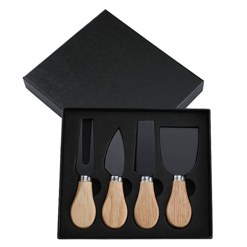 Premium 6-Piece Cheese Knife Set with Box Complete Rubber Wood Handle Steel Stainless Cheese Knives Collection: 4pcs black