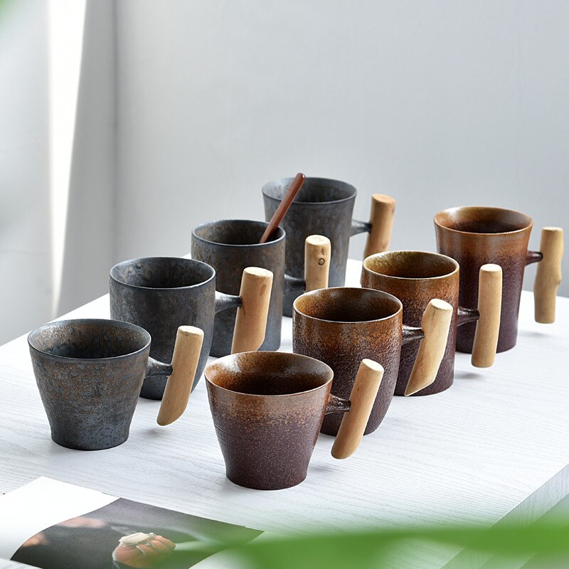 Taza de cerámica vintage de estilo japonés, vaso de café con esmalte de óxido para té, leche y cerveza con acabado de madera, recipiente de agua con asa, artículos para beber en el hogar y la oficina